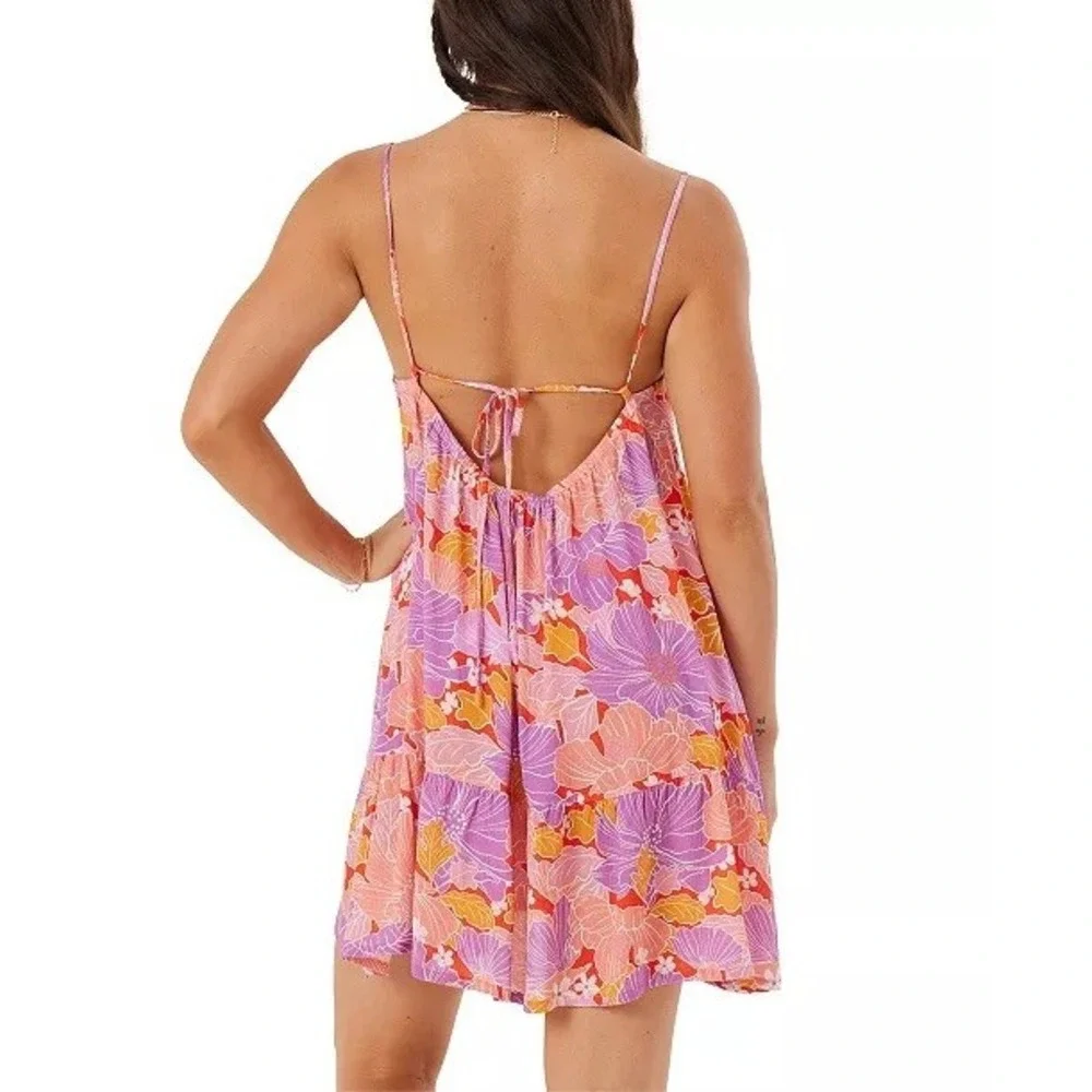 NWT Roxy Summer Flint Dress Women Pink Orange Floral Tropical Strappy Coverup XS